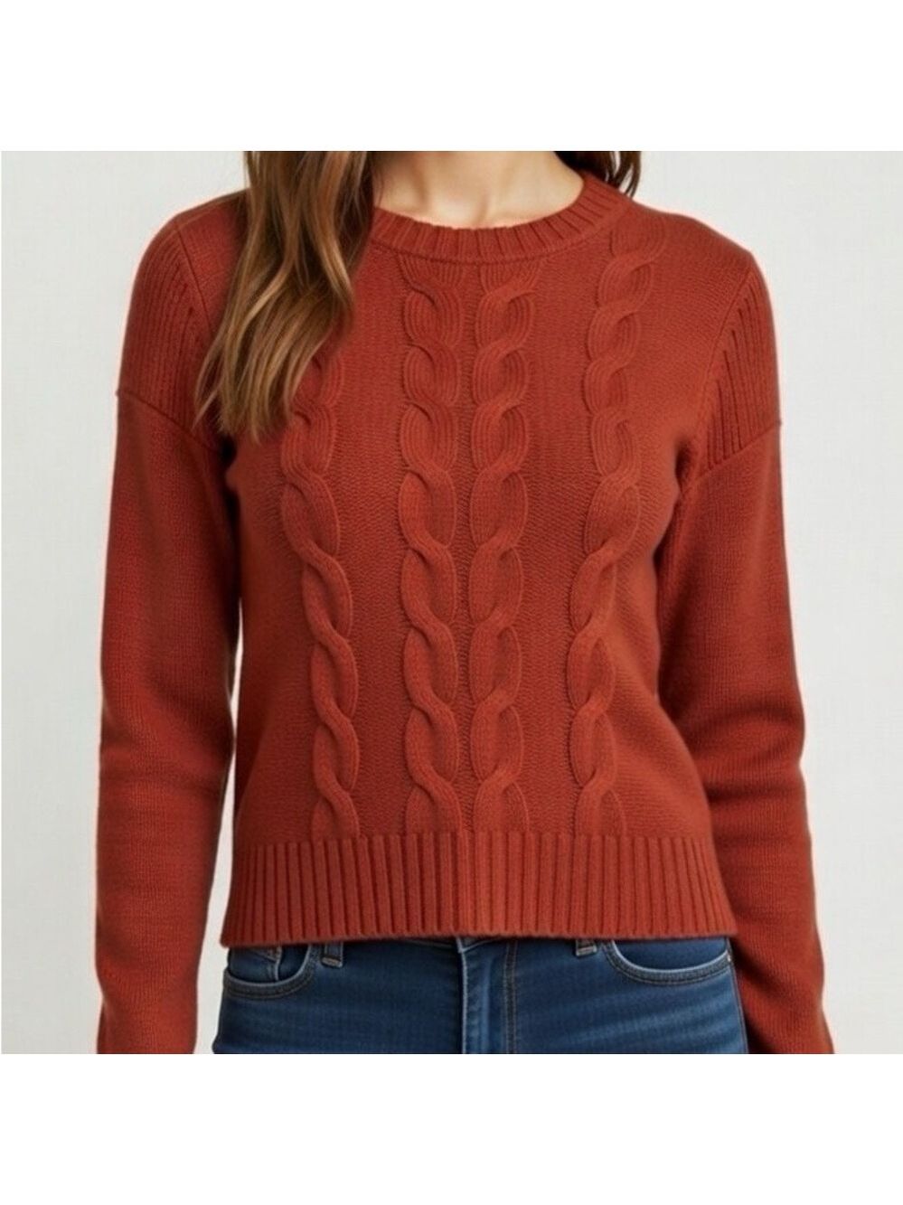 American Eagle Cable Knit Crewneck Sweater Rust Orange Burnt Terracotta